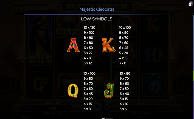 majestic cleopatra paytable 2