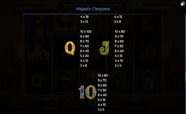 majestic cleopatra paytable 3