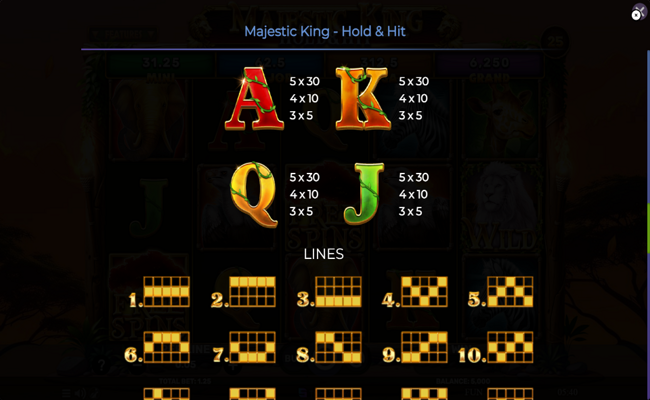 majestic king hold and hit paytable 3