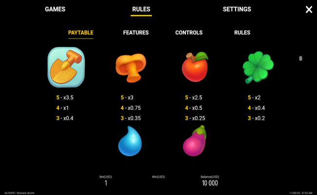 mansion secrets paytable 2