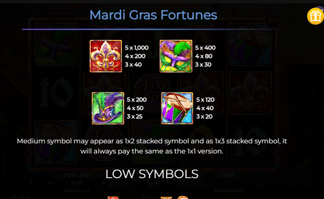 mardi gras fortunes paytable 1