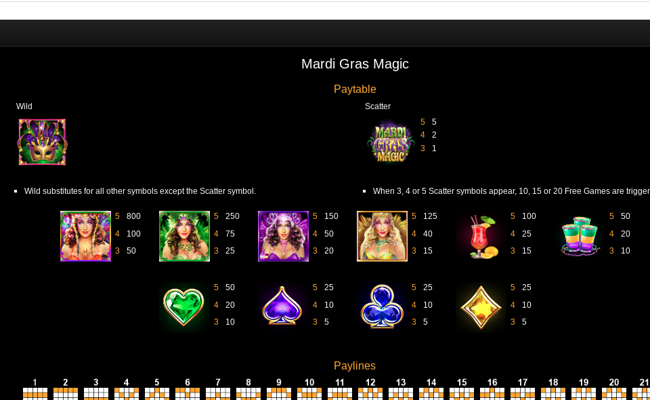 mardi gras magic paytable
