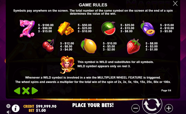 master joker paytable