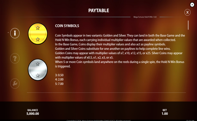 mega fortune hold n win paytable 1