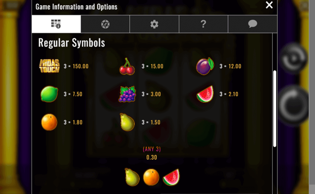 midas touch paytable