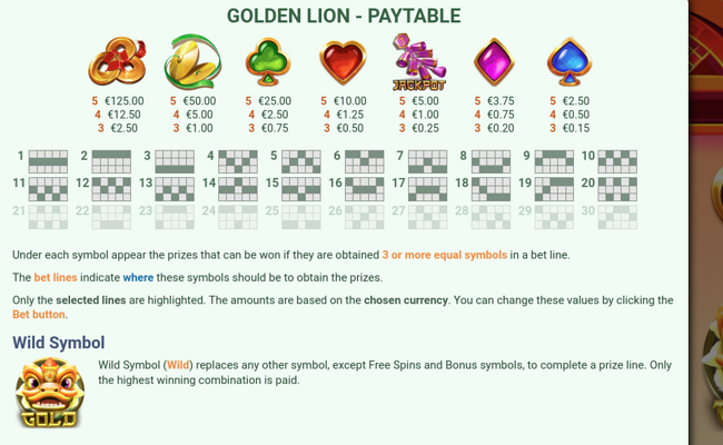 mobilots golden lion paytable
