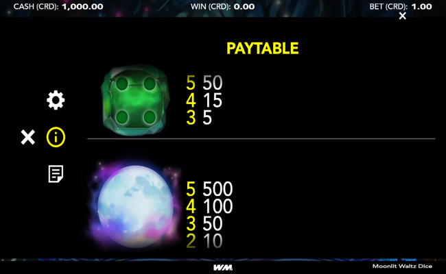 moonlit waltz dice paytable 3