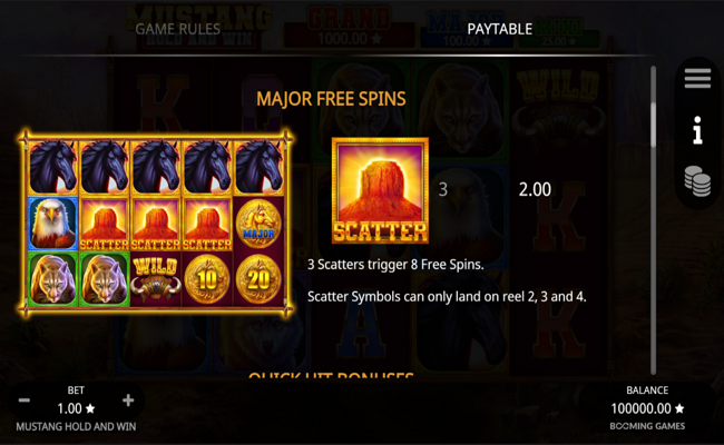 mustang hold and win paytable 1
