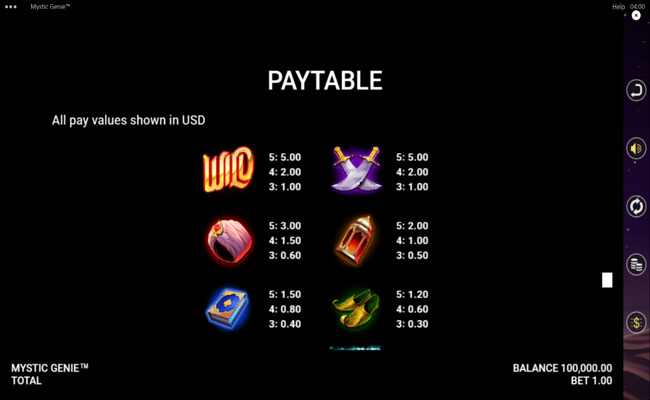 mystic genie symbol paytable 1