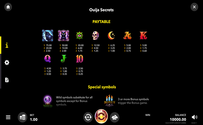 ouija secrets paytable