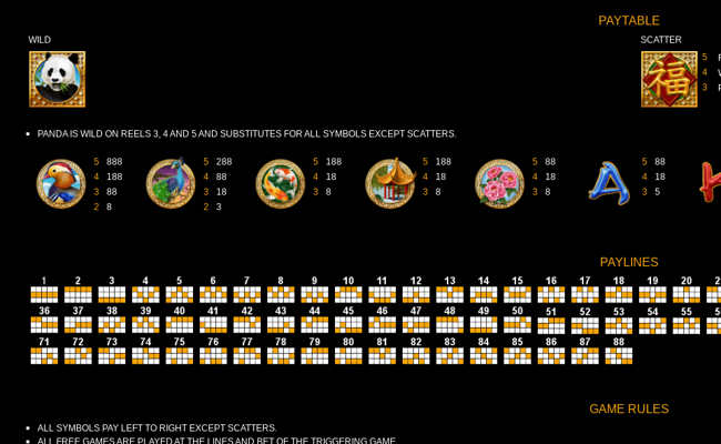 pandas gold paytable 1