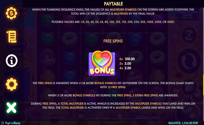 pop lollipop paytable 3