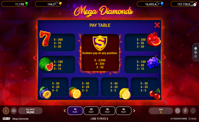popok gaming mega diamonds paytable 1