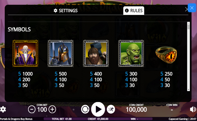 portals and dragons buy bonus paytable 1