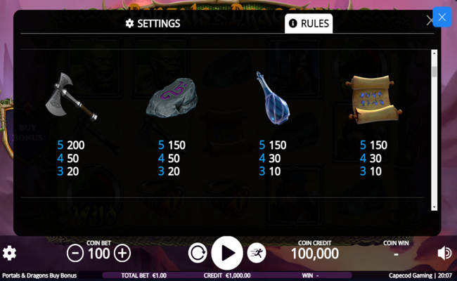 portals and dragons buy bonus paytable 2