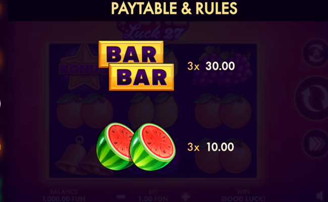 pure luck 27 classic series paytable 2