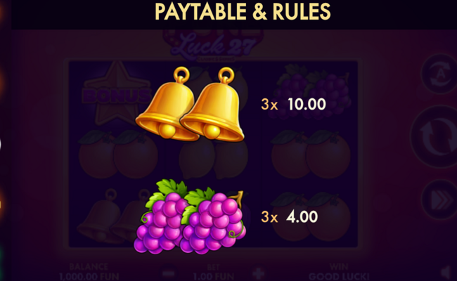 pure luck 27 classic series paytable 3