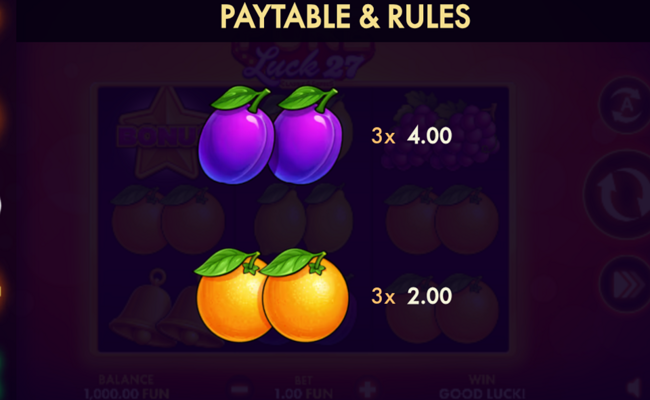 pure luck 27 classic series paytable 4
