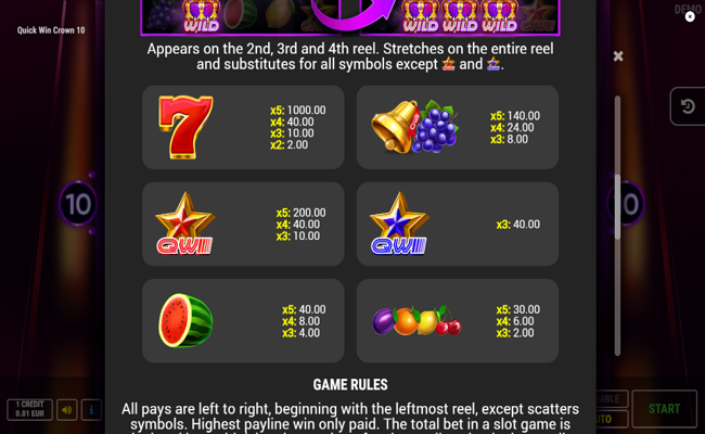 quick win crown 10 paytable