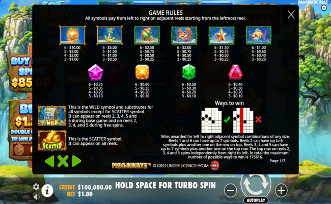 raging waterfall megaways paytable