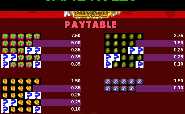 rct talismanes paytable 2