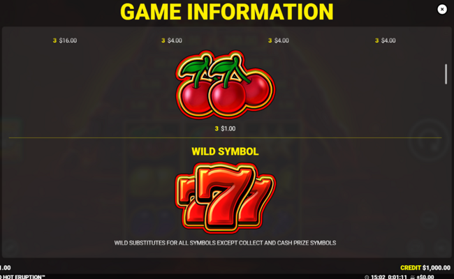 red hot eruption paytable 2