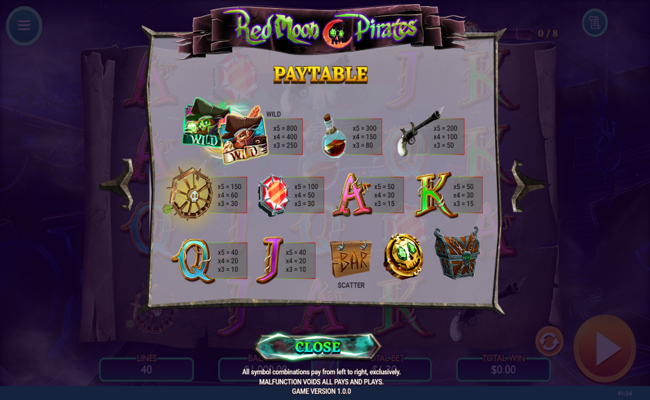 red moon pirates paytable