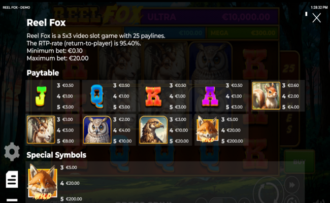 reel fox paytable
