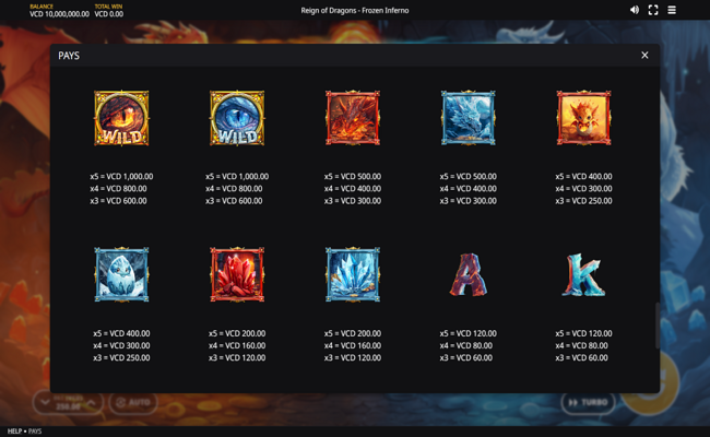 reign of dragons frozen inferno paytable 1