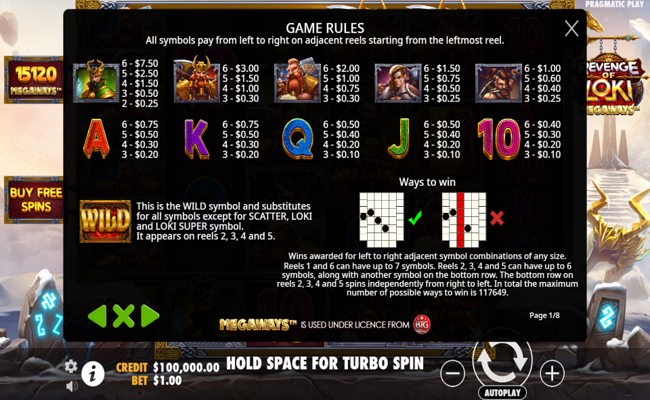 revenge of loki megaways paytable