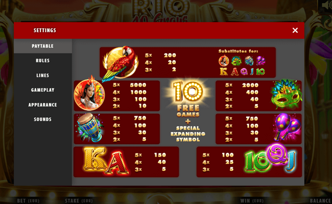 rio 40 graus paytable