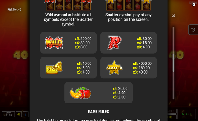 rizk hot 40 paytable