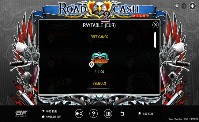 road 2 cash dice paytable 2