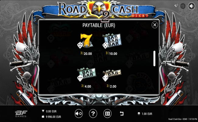 road 2 cash dice paytable 3