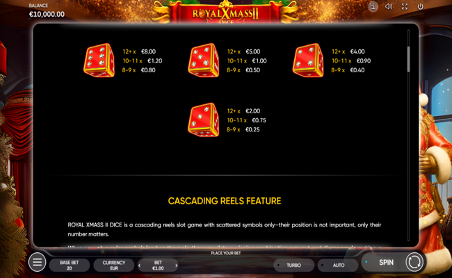 royal xmass 2 dice paytable 2