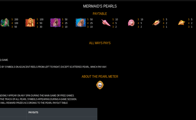rtg mermaids pearls paytable