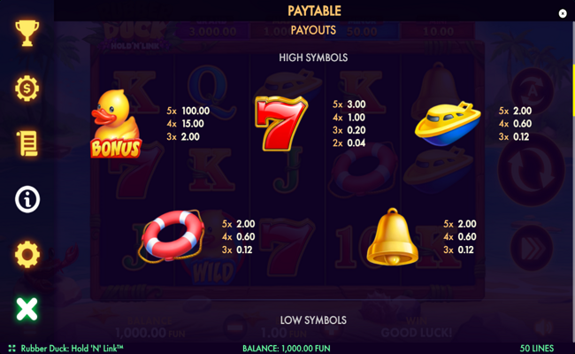 rubber duck hold n link paytable 1
