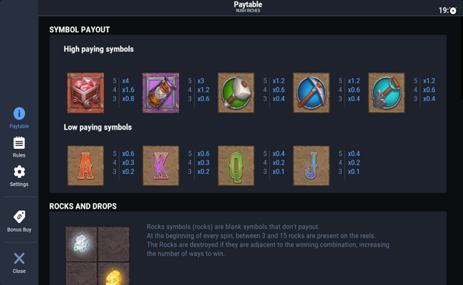 rush riches paytable
