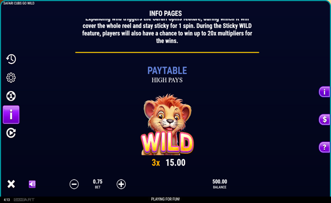 safari cubs go wild paytable 1