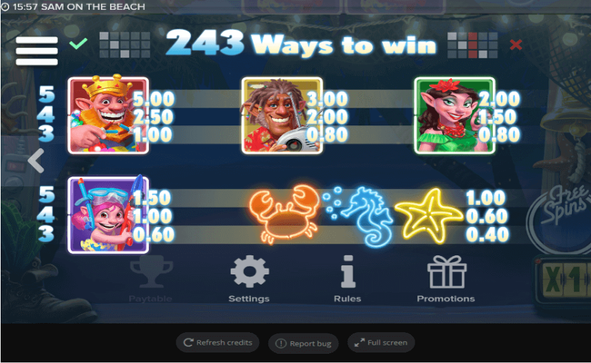 sam on the beach paytable