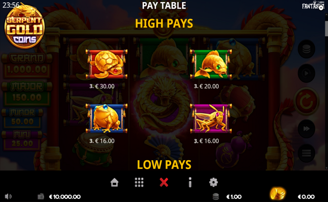 serpent gold coins paytable 1