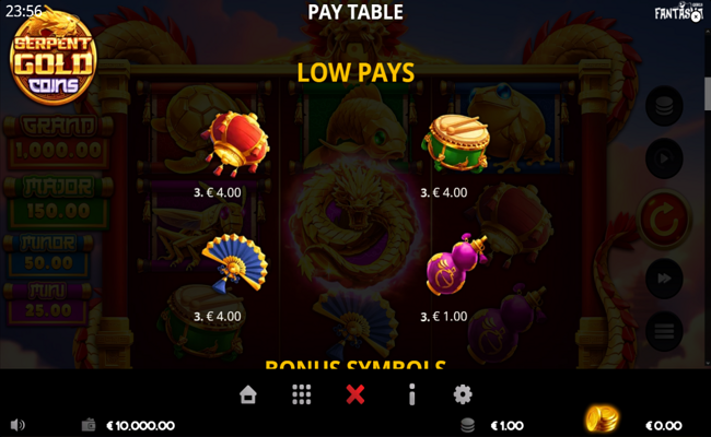 serpent gold coins paytable 2