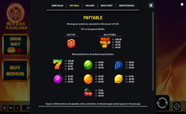 sevens and jok3rs paytable