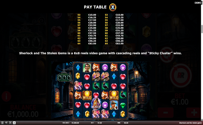 sherlock and the stolen gems paytable 4
