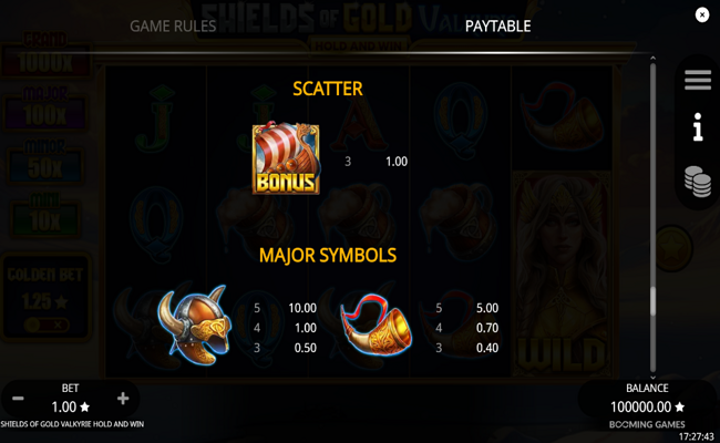shields of gold valkyrie hold and win paytable 1