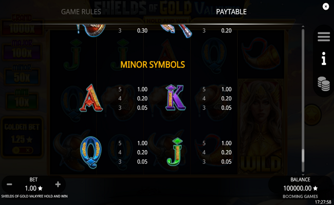 shields of gold valkyrie hold and win paytable 3