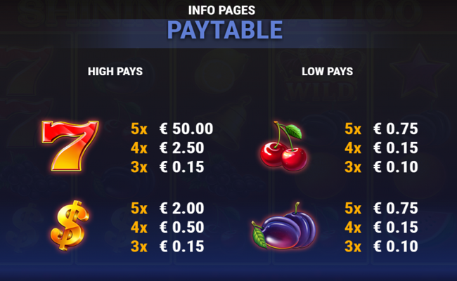 shining royal 100 paytable 1