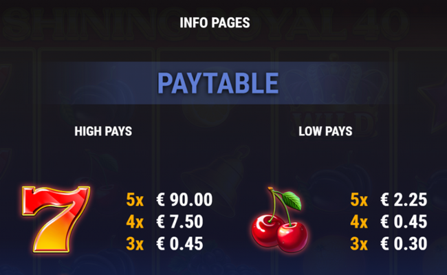 shining royal 100 wild paytable 1