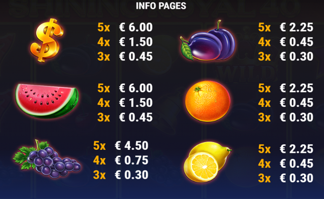 shining royal 100 wild paytable 2