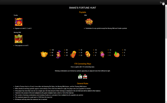 snakes fortune hunt paytable
